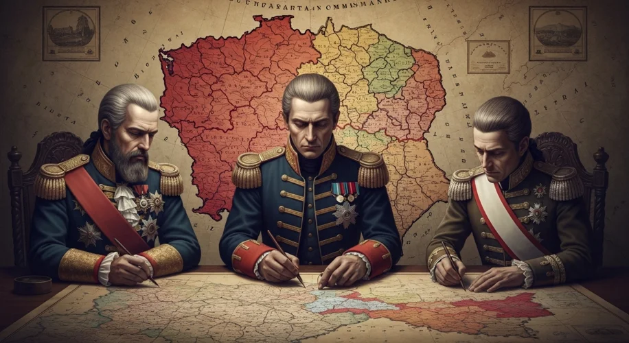 A somber depiction of three historical figures representing Russia, Prussia, and Austria, gathered a