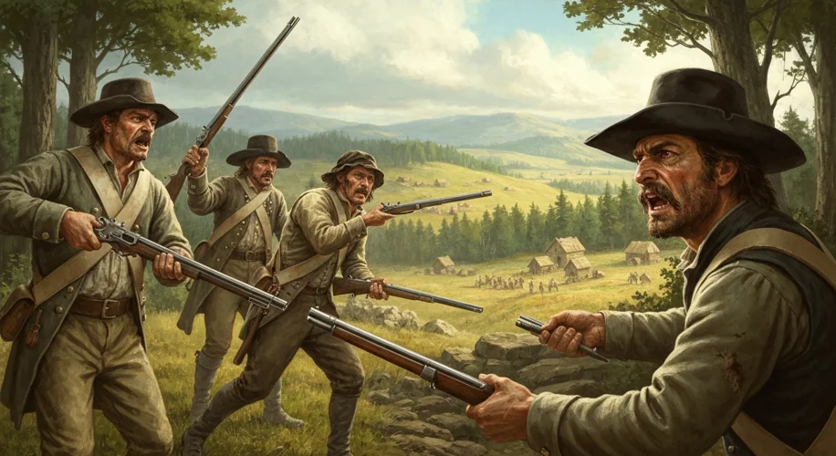 A dramatic illustration of the Whiskey Rebellion, with farmers confronting federal agents amidst a b