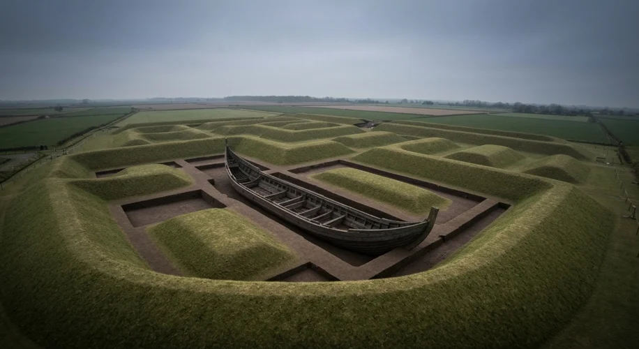 An aerial view of the Sutton Hoo archaeological site, showing the outline of the ship burial and sur