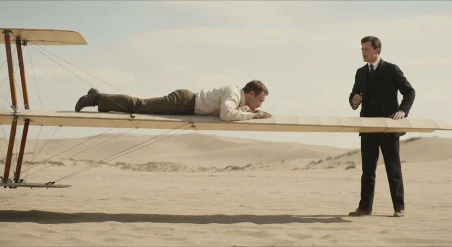 Orville Wright lying prone on the lower wing of the Wright Flyer, ready for its historic flight, wit