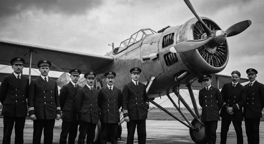 A vintage black and white photograph shows a group of determined-looking airline pilots in their uni