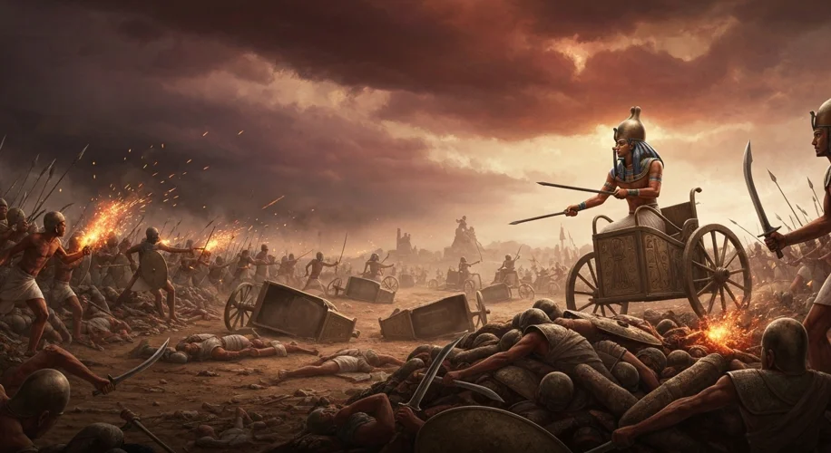 A fierce battle scene unfolds between Egyptian and Hittite forces. Ramesses II, in his chariot, figh