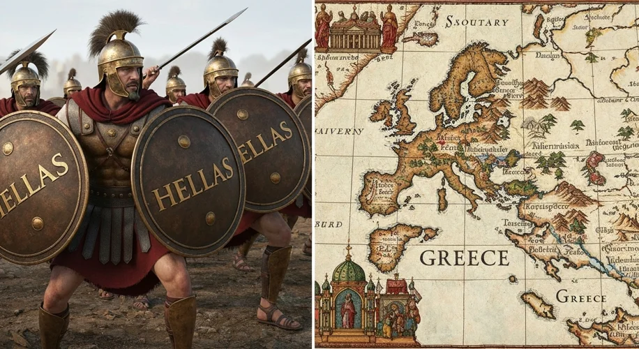 A split image: on the left, ancient Greek warriors with "Hellas" on their shields; on the right, a m