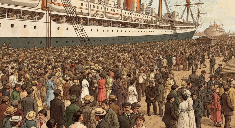 A historical illustration depicting the Ellis Island immigration processing center, with large crowd