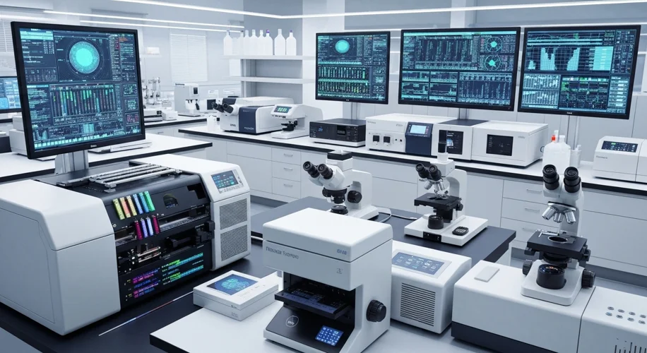 A modern laboratory with advanced scientific equipment, including DNA sequencers and high-resolution