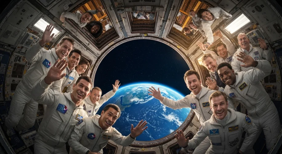 A diverse group of astronauts from different nationalities waving from inside the International Spac