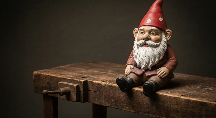 A close-up, vintage photograph of a 19th-century German terracotta garden gnome, with a faded red po