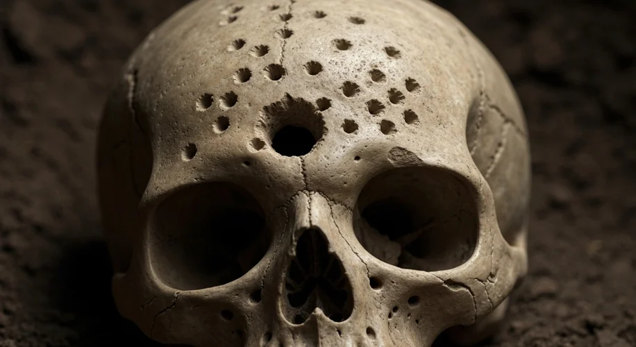 A close-up of a Neolithic human skull found in France, showing evidence of ritualistic damage, such 