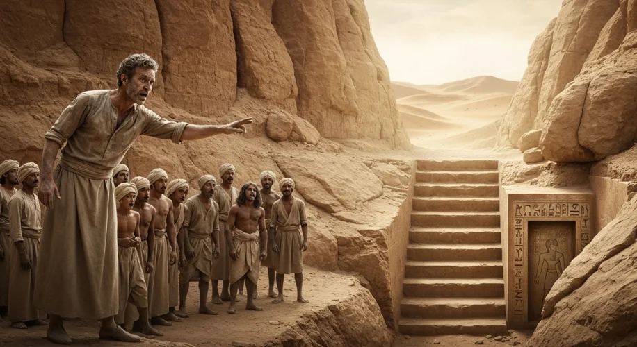 A dramatic scene in the Valley of the Kings, Egypt, 1922. Howard Carter, dusty and determined, gestu
