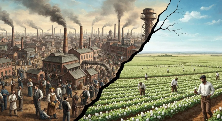 A split image showing the industrializing North with factories and a diverse population, contrasted