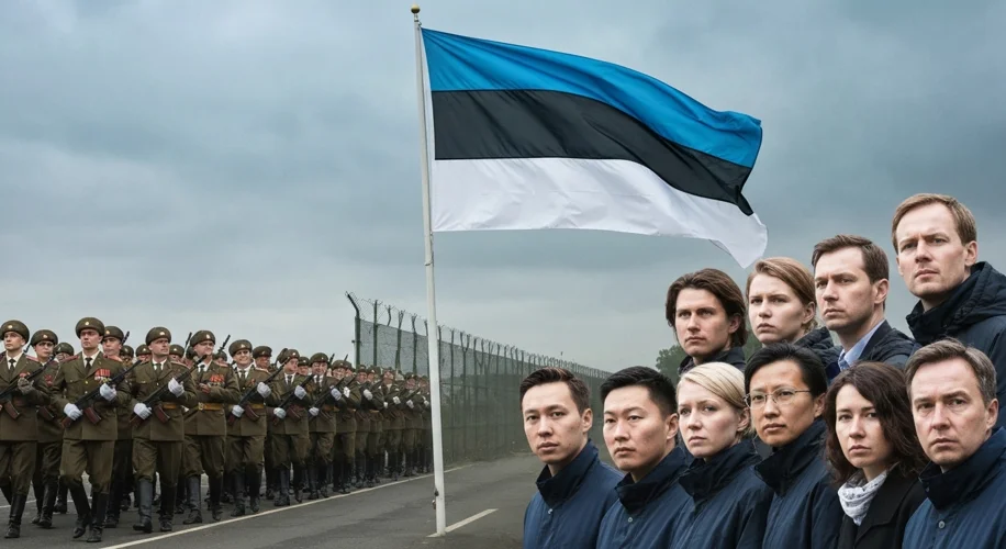 A montage of historical images: a Soviet military parade, a modern Estonian flag flying proudly, and