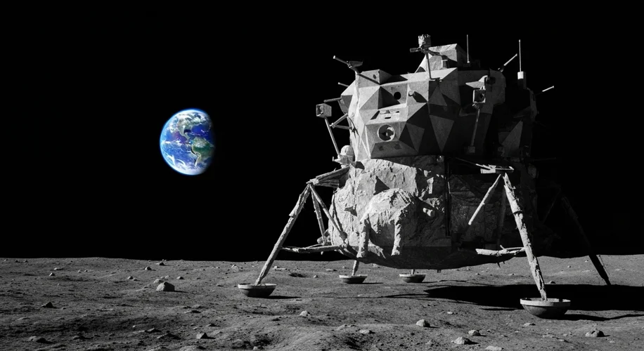 A grainy, black-and-white photograph of the Apollo 11 lunar module 'Eagle' touching down on the moon