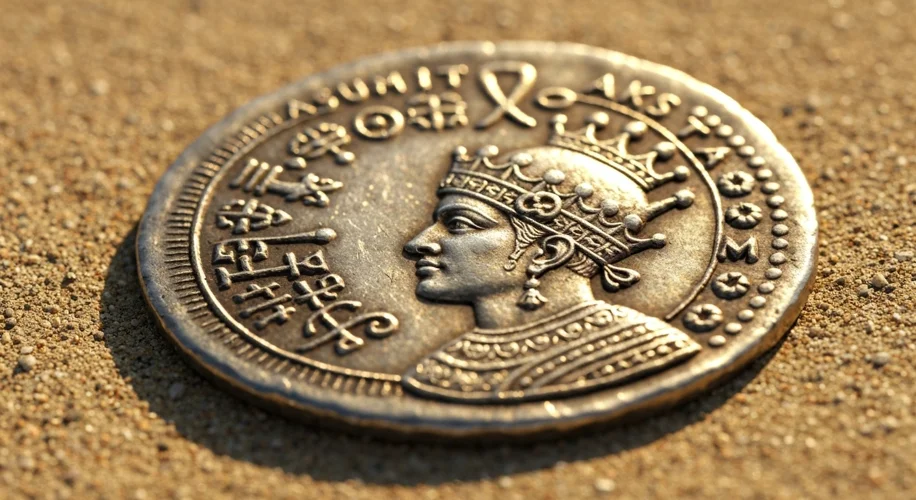 A close-up of an ancient Aksumite coin, made of gold or silver, with intricate carvings of a king's