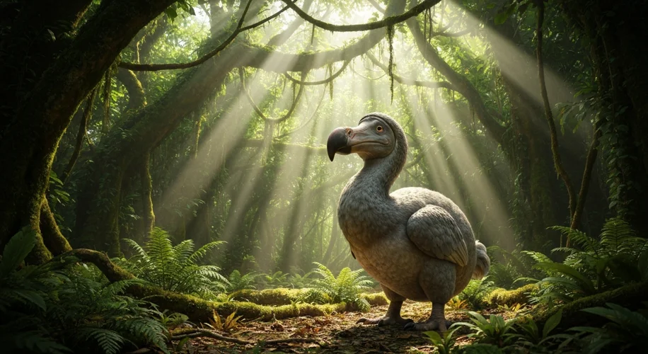 A dodo bird, plump and flightless, stands curiously in a lush Mauritian forest, unafraid of its surr