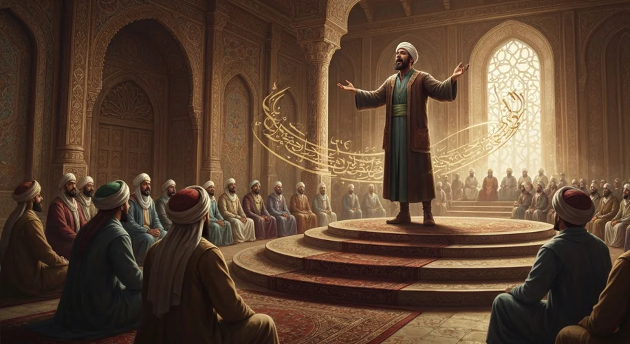 A dramatic depiction of the 10th-century Arab poet Al-Mutanabbi, standing on a raised platform, reci