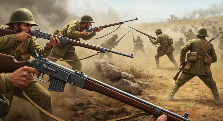 A dramatic scene of Boer commandos on horseback, armed with Mauser rifles, engaged in a skirmish wit