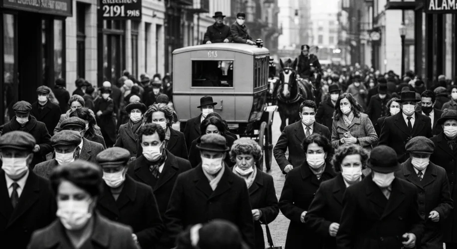 A stark, black and white photograph depicting a crowded city street in 1918. People are wearing mask