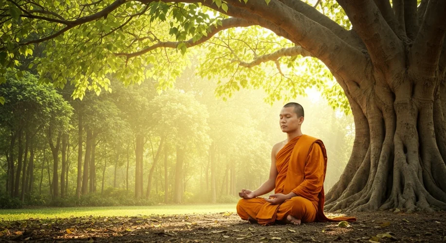 A serene Buddhist monk meditating under a Bodhi tree in ancient India, with scholars debating nearby