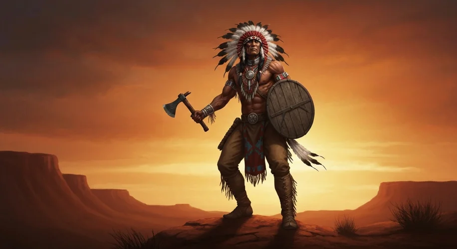 A dramatic illustration of Geronimo leading a charge on horseback, silhouetted against a desert land
