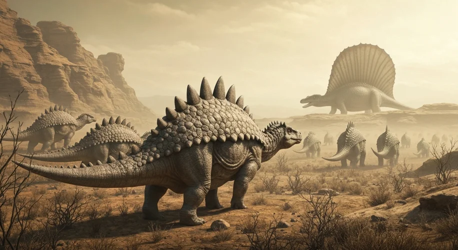 A herd of Scutosaurus, heavily armored reptiles with bony plates, walks across a dry, ancient landsc