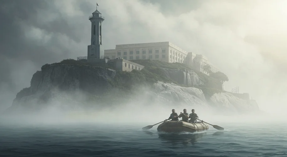 An illustration depicting the famous 1962 Alcatraz escape: Frank Morris and the Anglin brothers rowi
