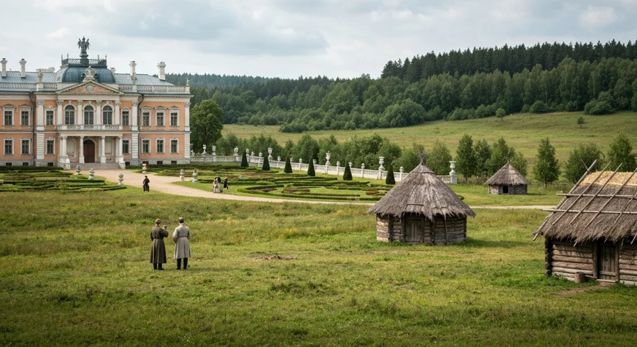 A stark contrast between a lavish aristocratic estate and humble peasant dwellings in 19th-century R