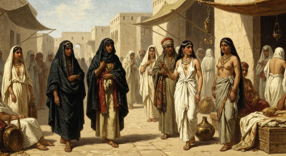 A 19th-century illustration of Egyptian women in a traditional marketplace, some wearing modest, dar