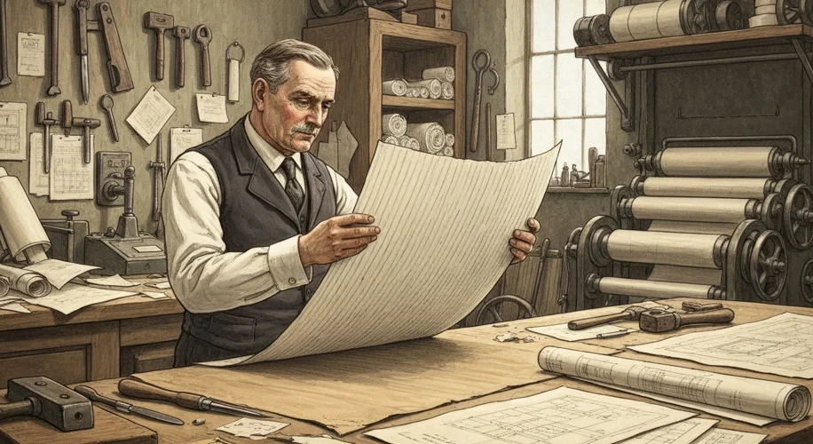 An illustration depicting Albert Jones in his workshop, holding a sheet of corrugated paper he paten