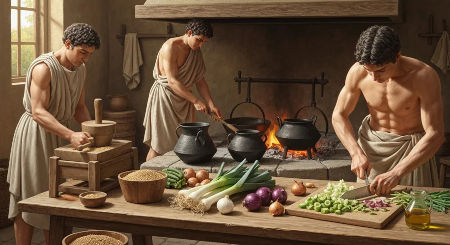 A depiction of a Roman villa's kitchen, with enslaved individuals preparing meals. One slave is grin