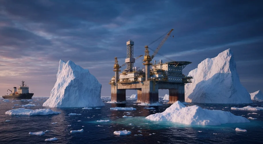 An oil rig operating in the Arctic Ocean, surrounded by icebergs. The sky is a dramatic twilight, hi