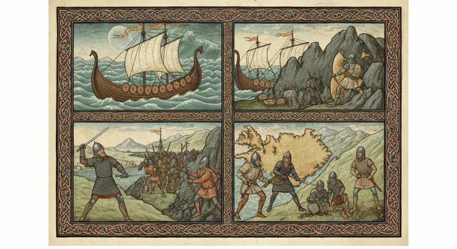 A medieval Icelandic manuscript depicting scenes from the Sagas, with intricate knotwork borders and