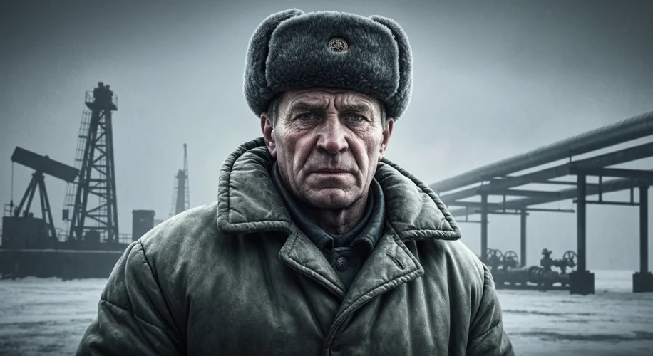 A close-up, dramatic shot of a Soviet-era oil worker in a thick, insulated coat and hat, looking wea