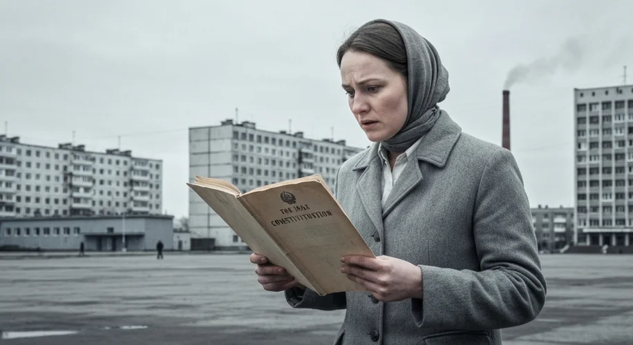 A solemn depiction of a Soviet citizen holding a copy of the 1936 Constitution, looking hopeful yet 