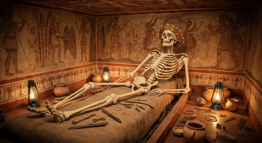 An ancient Thracian warrior skeleton lies in a tomb, adorned with an exquisite gold wreath. The tomb