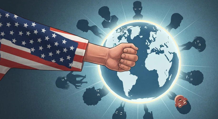 A graphic representation of the US pulling away from a globe labeled 'WHO', with other nations looki