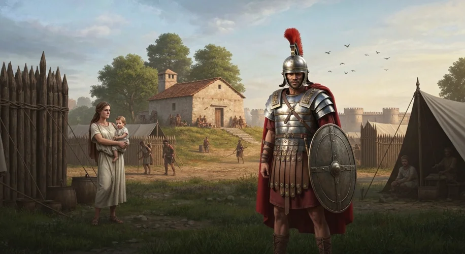 A Roman legionary in full armor, standing protectively in front of a modest Roman villa near a front