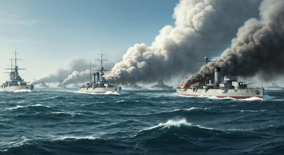 The climactic naval Battle of Tsushima in May 1905. Japanese warships, smaller but agile, are depict