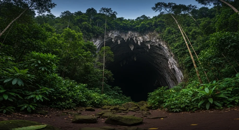 A panoramic view of the Liang Bua cave entrance on Flores Island, Indonesia, at dusk. The cave mouth