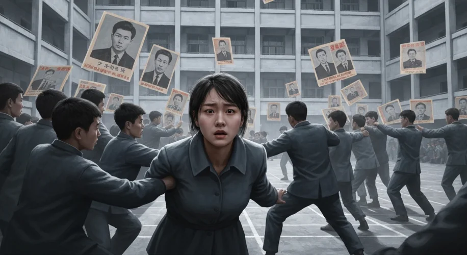 A Chinese schoolteacher, Mei Ling, being publicly shamed by Red Guards and students during the Cultu