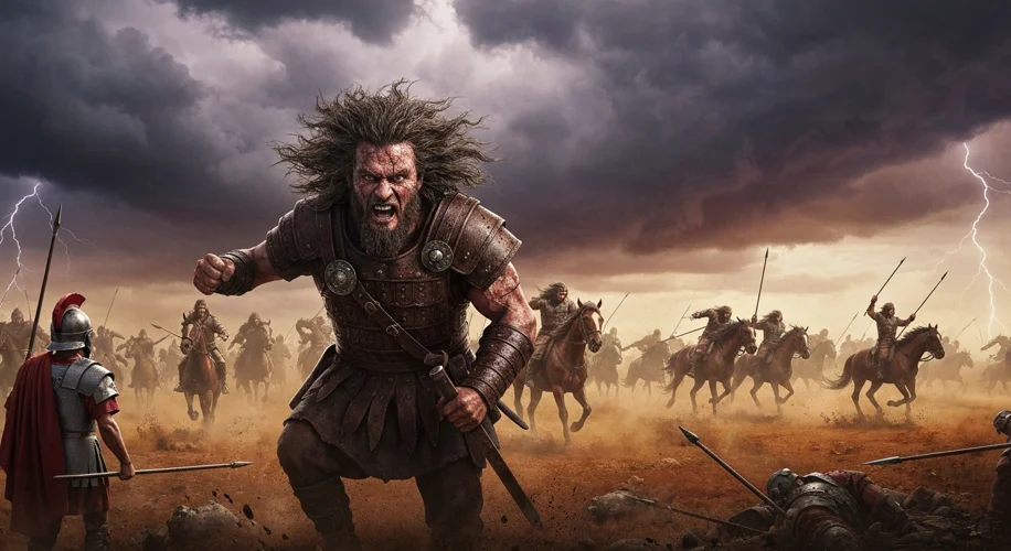 A dramatic scene depicting Attila the Hun, a fearsome warrior with wild hair and a menacing expressi