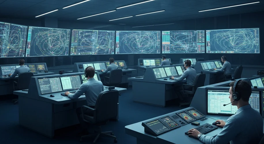 A modern air traffic control room with multiple large, advanced computer screens displaying flight p