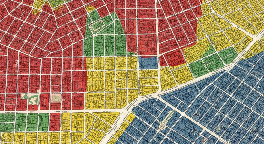 A vintage map of an American city with different neighborhoods color-coded in red, yellow, green, an