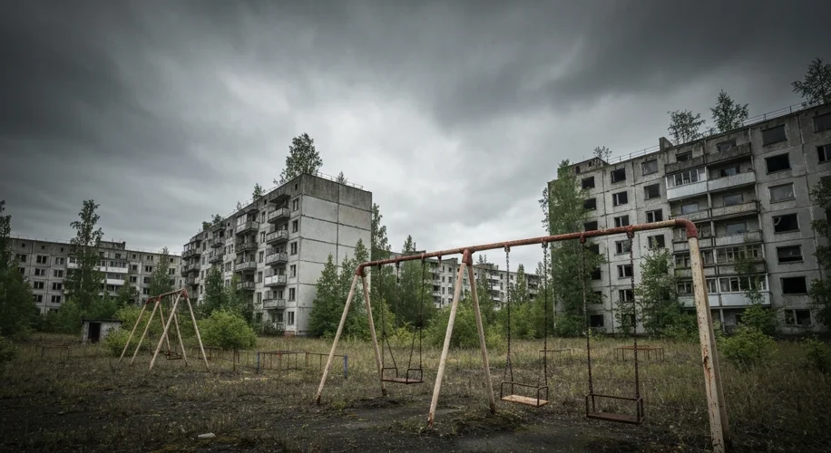 A haunting image of the abandoned city of Pripyat, with overgrown playgrounds and decaying apartment