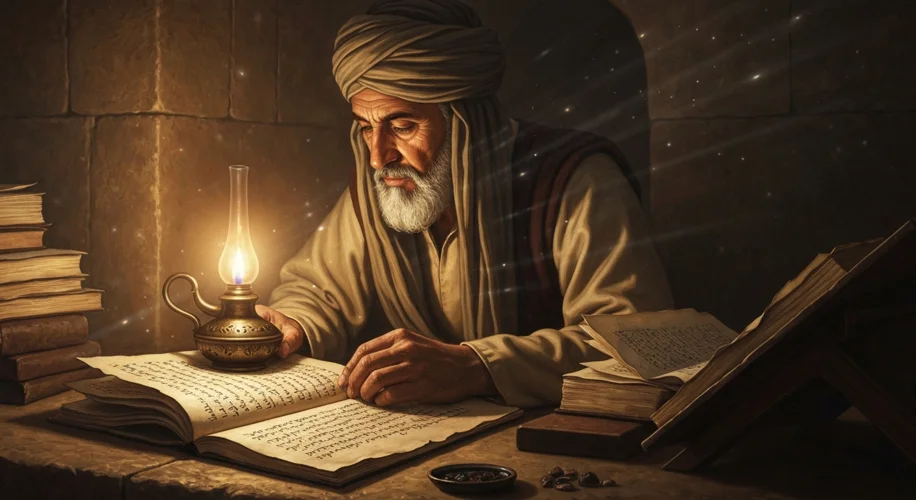 A 9th-century Baghdad scholar, illuminated by a single oil lamp, pores over ancient Greek manuscript
