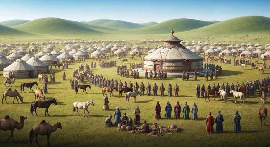 A wide shot of a bustling encampment with numerous yurts, tents, and a few more substantial wooden s