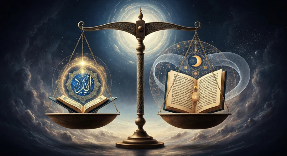 A stylized depiction of a balance scale weighing a Quran against a philosophical text, symbolizing t
