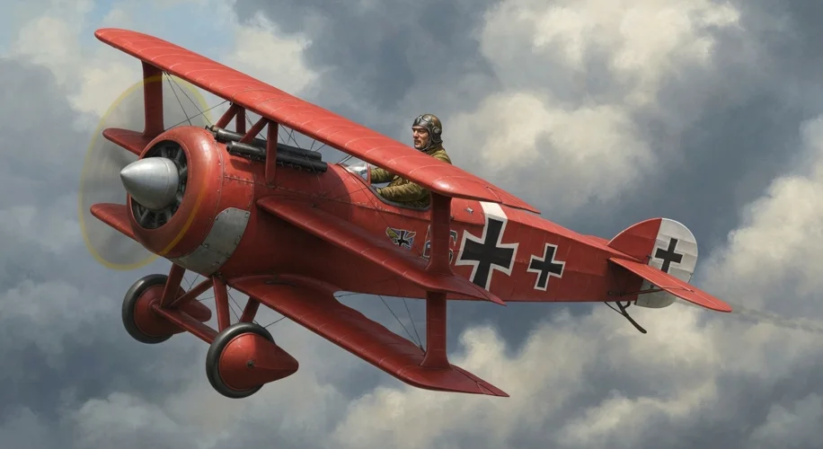 A detailed, realistic painting of Manfred von Richthofen in his iconic red Fokker Dr.I triplane, ban