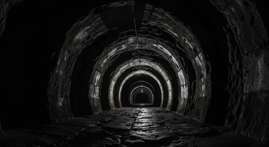A vast, ancient, smooth-walled tunnel carved into dark rock, with faint, flickering torchlight illum