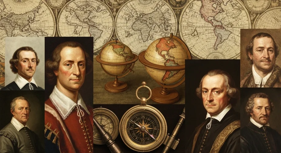A montage of historical maps, compasses, globes, and portraits of famous explorers like Columbus and