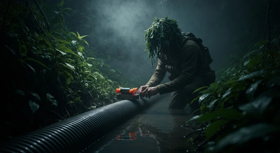 A dimly lit, jungle-covered scene showing a hand placing a small explosive device on a camouflaged f